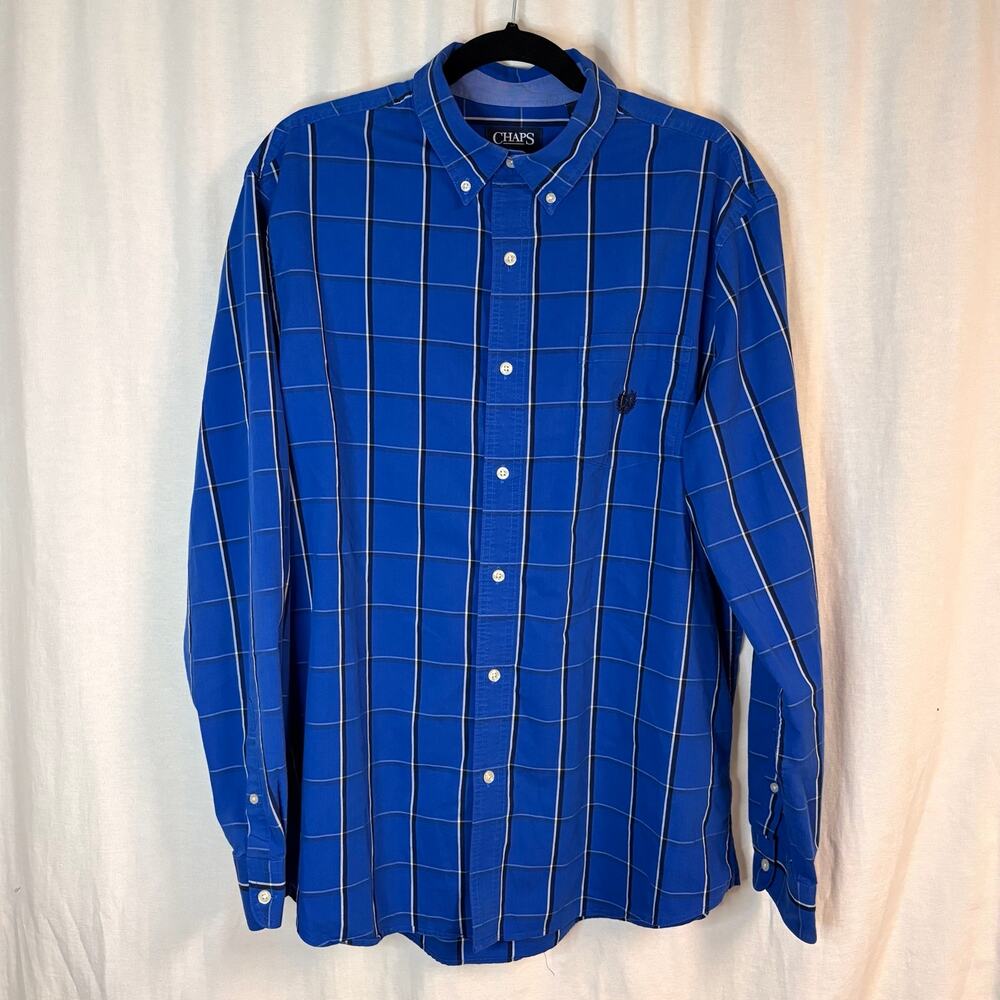 Chaps Stretch Easy Care Blue Plaid Button Down Shirt Men's XL